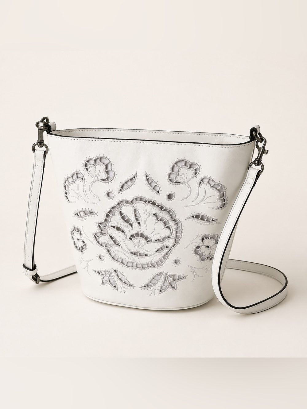 Patricia Nash Eloisa White Floral Lace Leather Bucket Crossbody Bag